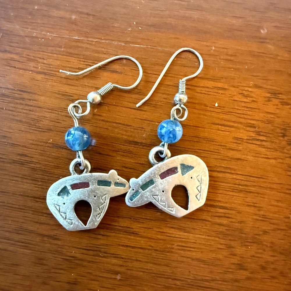 Vintage! Silver and inlayed stone bear dangle earrings